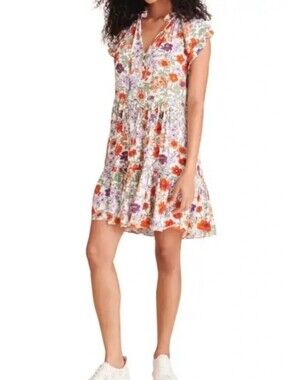 Veronica Beard Zee Floral Tiered Mini Dress Waist Drop Neck Tassels Plus Size 14